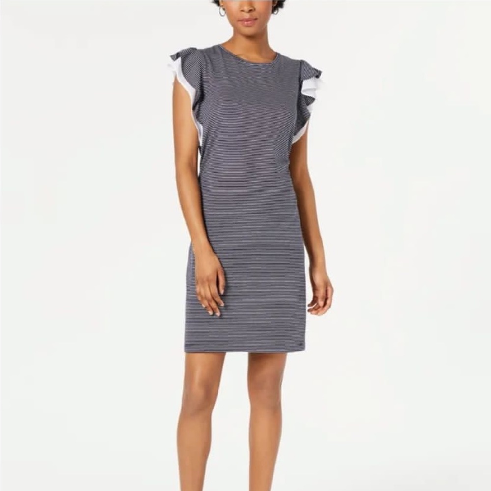MAISON JULES Womens Navy Flutter Sleeve Striped Above The Knee Shift Dress